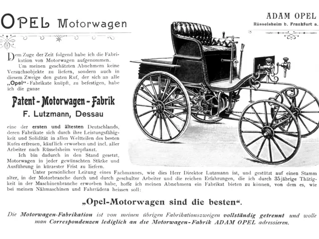 The image shows an old advertisement for an Opel Motorwagen, featuring a black and white picture of...