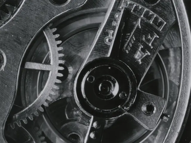 The image shows a close up of a black and white photo of a watch mechanism, with intricate details...