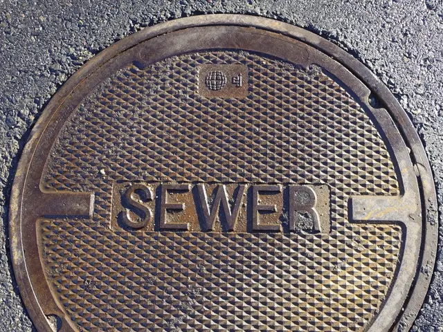 The image shows a metal manhole cover on the road with the word "sewer" written on it.