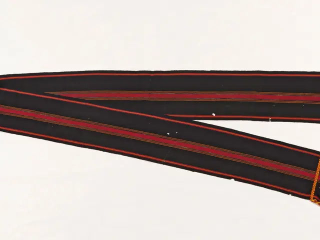 The image shows a black and red striped stole on a white background. The stole is made of a cloth...
