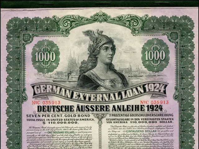 The image shows an old German External Loan from 1924 with a picture of a woman on it. The paper...