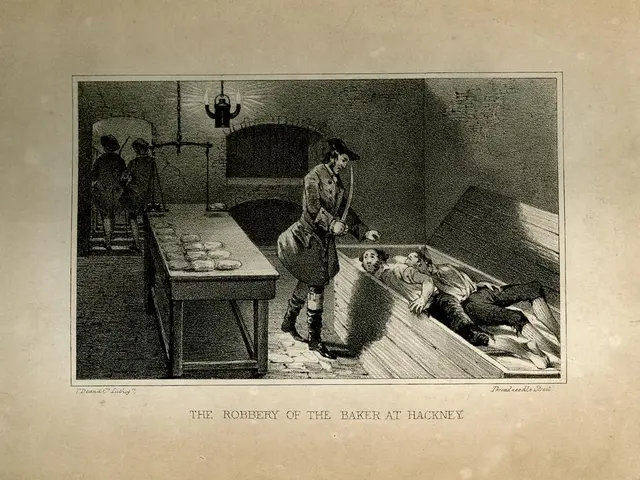 The image shows a black and white picture of a man standing on the floor, holding a knife in his...