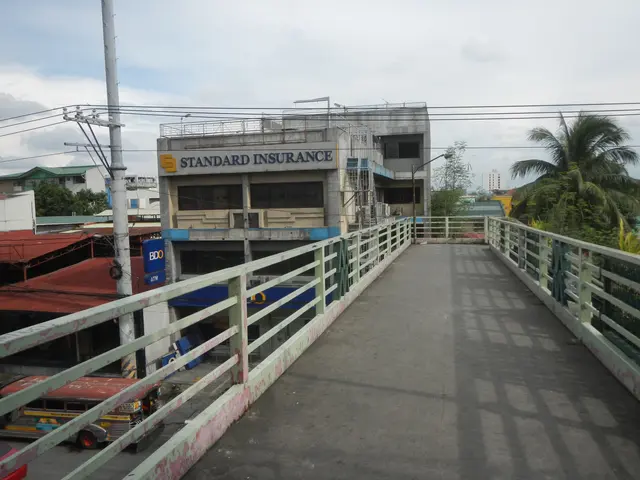 The image shows a bridge with railings, vehicles on the road, buildings, trees, electric poles with...