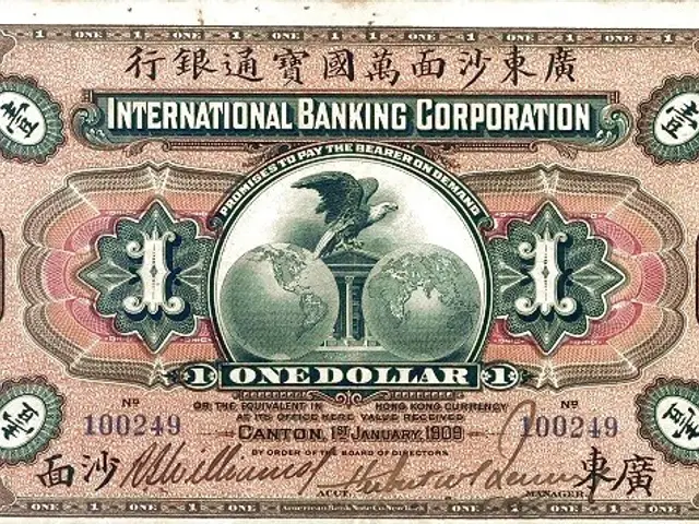 The image shows an old one dollar banknote from the International Banking Corporation of Hong Kong....