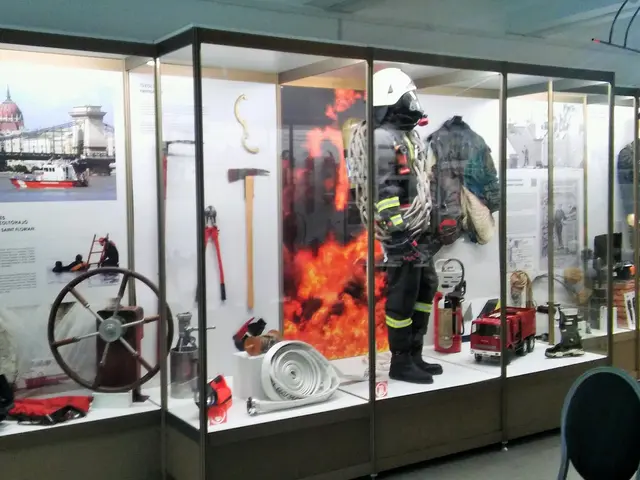 The image shows a room filled with lots of different types of firefighting equipment, including...