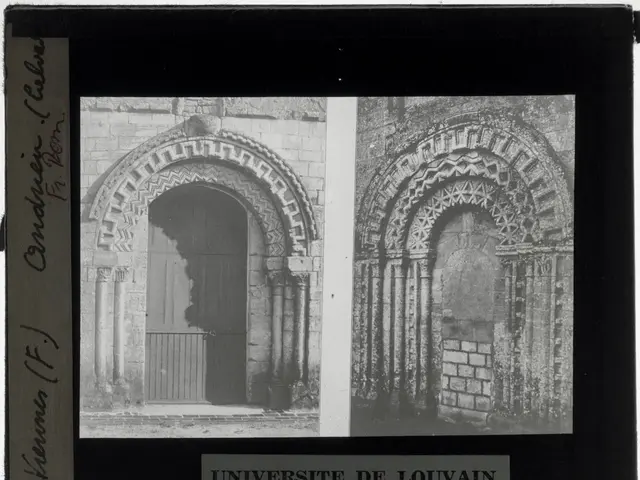 The image shows a black and white photo of a building with arches and a door. The building appears...