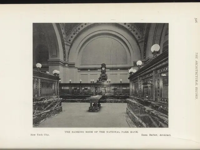 The image shows a black and white photograph of the banking room of the National Park Bank in New...