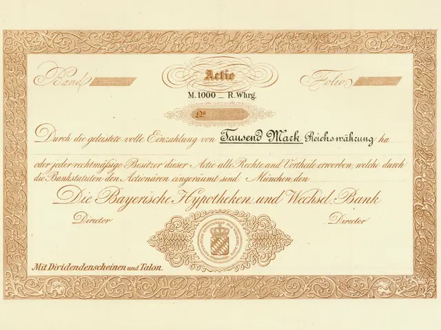 The image shows an old stock certificate with a gold border and a picture of a man on it. The...