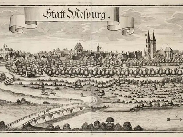 The image shows an engraving of the city of Stuttgart, Germany, with a bridge, trees, buildings,...