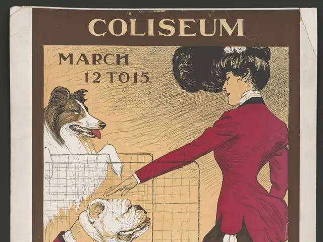 The image shows a poster for the Chicago Kennel Club Dog Show, featuring a woman and two dogs. The...