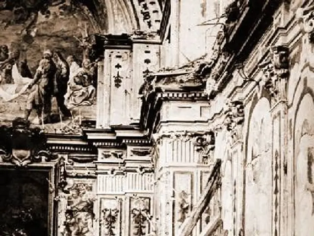 The image shows a black and white photo of the interior of a church that has been destroyed by a...