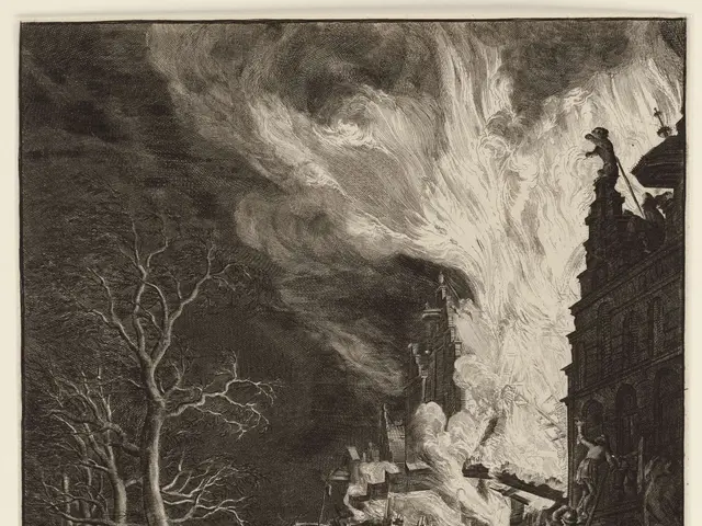 The image shows a black and white engraving of a fire in a wooded area, with a group of people,...
