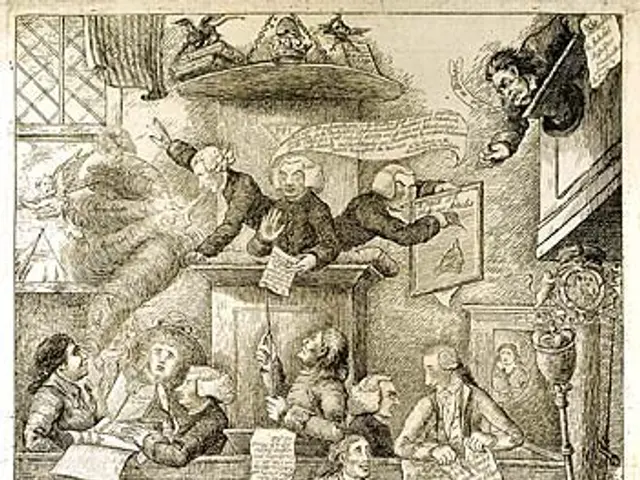 The image shows an engraving of a group of people sitting around a table in a room, with some of...