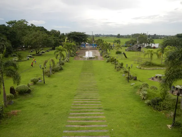 The image shows a lush green park with a fountain in the middle, surrounded by trees, plants,...