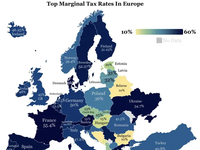 The image shows a map of Europe with different colors representing the top marginal tax rates in...