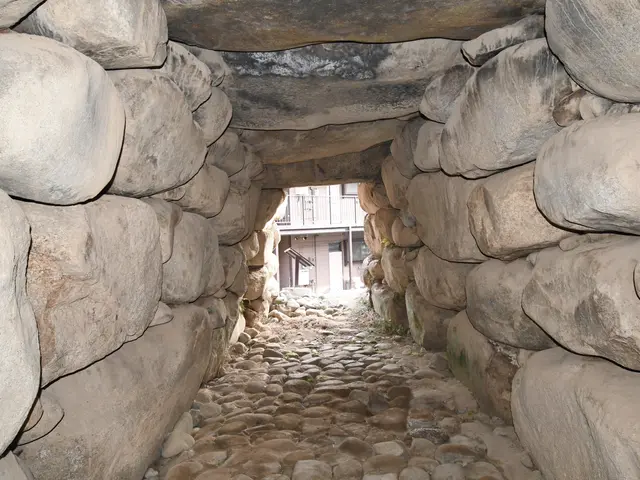The image shows a stone tunnel in the middle of a cobblestone street, with a building in the...