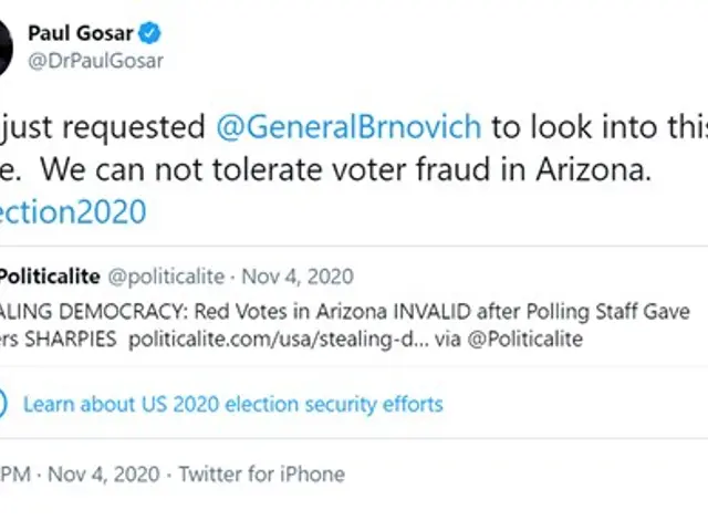 The image shows a screenshot of Paul Gosar's Twitter account, with a profile photo of him and text...