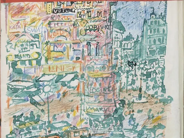 The image shows a book with a drawing of a cityscape on it. The drawing depicts a bustling...