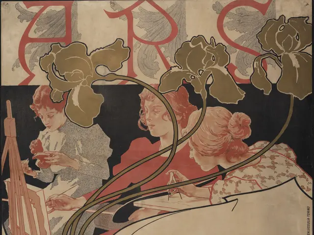 The image shows a poster advertising the Society of Art by Alphonse Mucha. It features a vibrant...