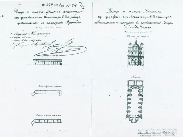 The image shows an old document with a drawing of a building on it, which is the official document...
