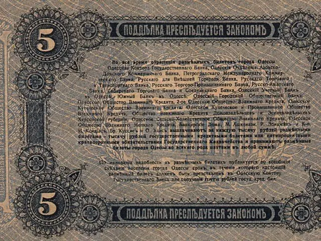 The image shows an old Russian banknote with the number 5 on it. The paper has text and numbers...