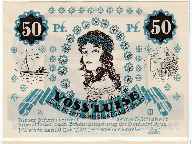 The image shows an old German 50 Pfennig banknote with a picture of a woman on it. The woman has a...