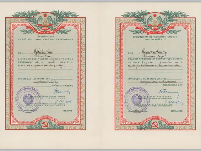 The image shows an old book with two certificates on it, each with text and stamps. The...