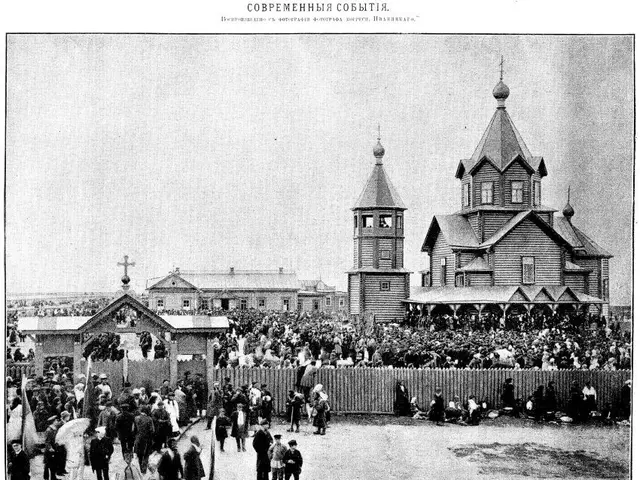 The image shows a black and white photograph of a crowd of people standing in front of a church,...