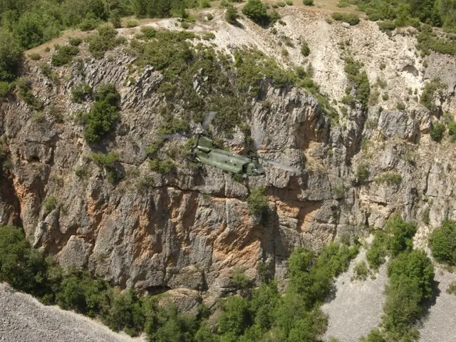 The image shows a helicopter flying over a rocky cliff with trees and plants growing on it. At the...