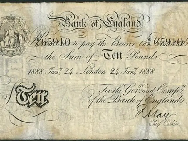 The image shows an old banknote from the Bank of England with a picture of a man on it against a...