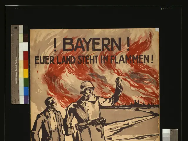 The image shows a poster with two people standing in front of a fire, with the words "I Bayern,...