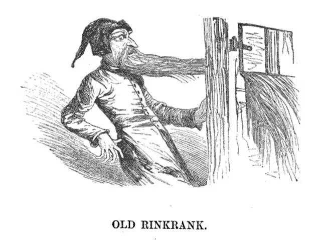 The image shows an old man with a long beard and a hat, standing in front of a wooden door with the...