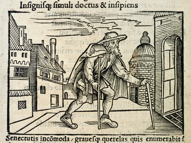 The image shows an old man walking down a street with a cane, surrounded by buildings and text. He...
