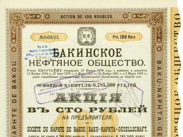 The image shows an old stock certificate issued by the Russian government, with text and a stamp on...