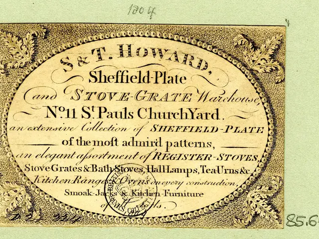 The image shows an old business card with a stamp on it. The card has text written on it, likely...