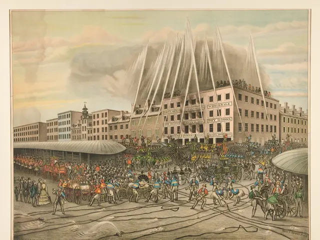 The image shows an old Philadelphia fire department in 1855, with a group of people standing in...