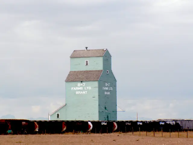 The image shows a grain elevator sitting in the middle of a field, surrounded by a fence. The...