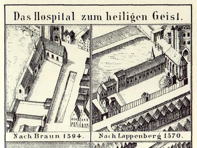 The image shows a poster with a drawing of a hospital in Germany, with a few buildings and text...
