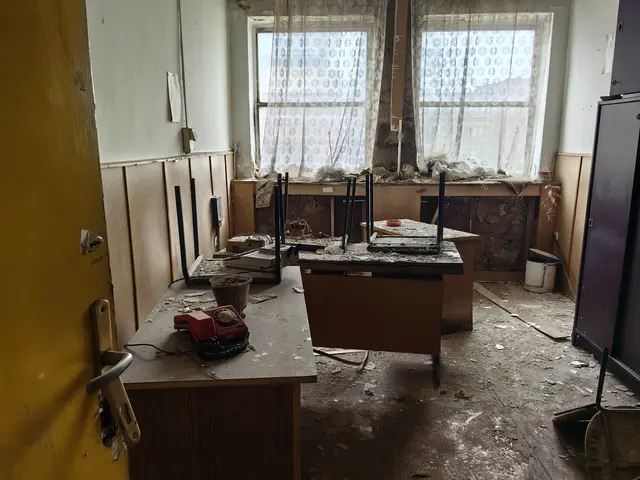 The image shows an empty room with a door on the left side, a cupboard on the right side, and a...