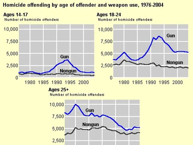 The image shows a graph depicting the homicide offending by age of offender and weapon use from...