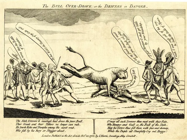 The image shows a paper with a drawing of a bull over-drove or the drivers in danger, surrounded by...