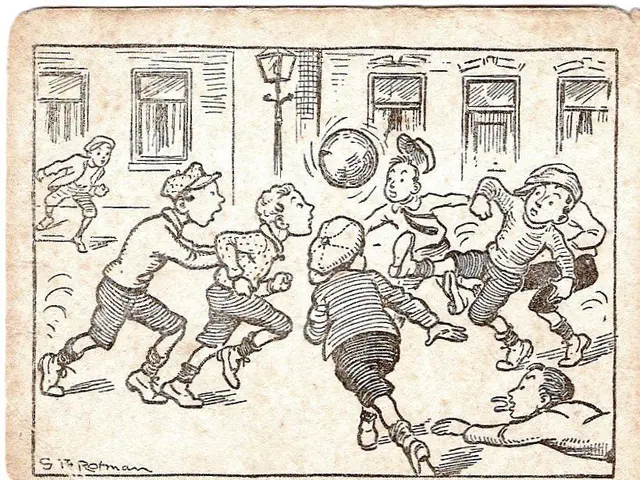The image shows a drawing of a group of children playing soccer in front of a building with windows...