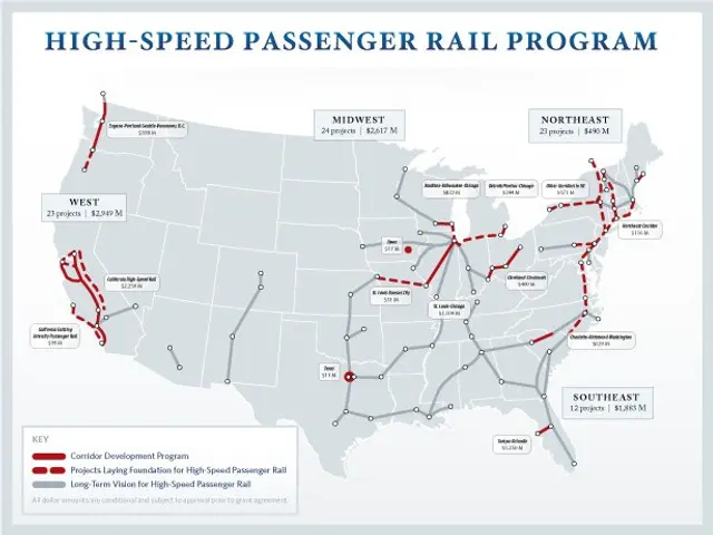 The image shows a poster with a map of the high-speed passenger rail program in the United States....