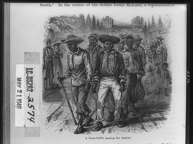 The image shows a black and white drawing of a group of people walking down a street, some of them...