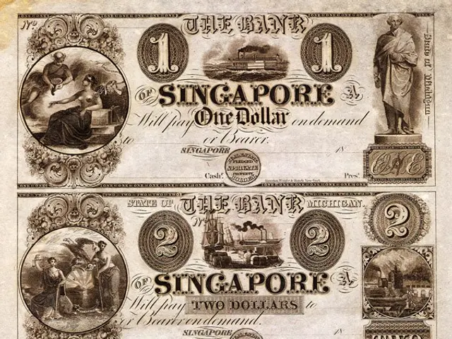 The image shows an old Singapore banknote with a picture of a man on it. The paper has text and...