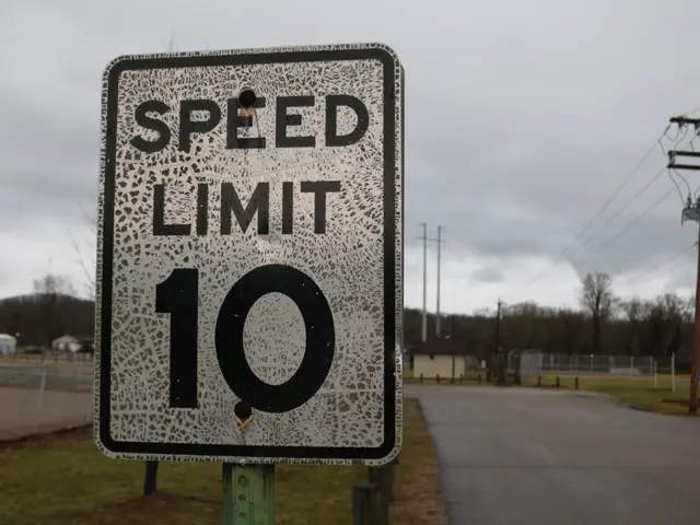 The image shows a speed limit sign on the side of a road, surrounded by grass, electric poles with...