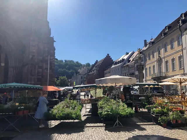 The image shows a bustling market in the old town of Heidelberg, Germany. There are many people...