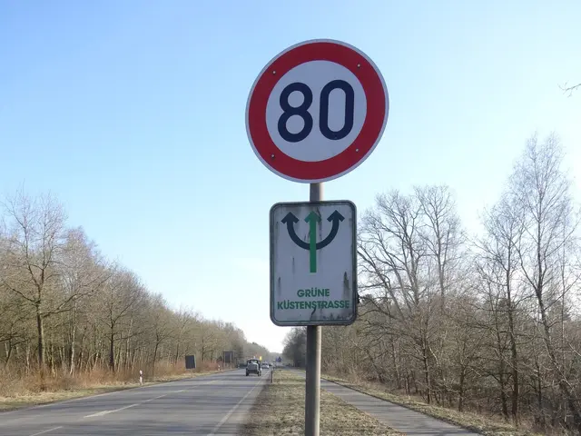 The image shows a speed limit sign on the side of a road, with vehicles driving by, surrounded by...