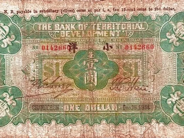 The image shows an old banknote from the Bank of Territorial Development with a green and brown...