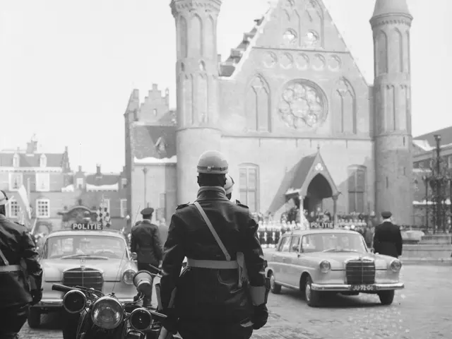 The image shows a group of police officers standing next to motorcycles in front of a church. The...